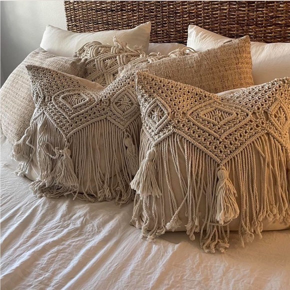 Folkkulture Macramé Throw Pillows – Set of 2 – Boho Fringe Neutral cream